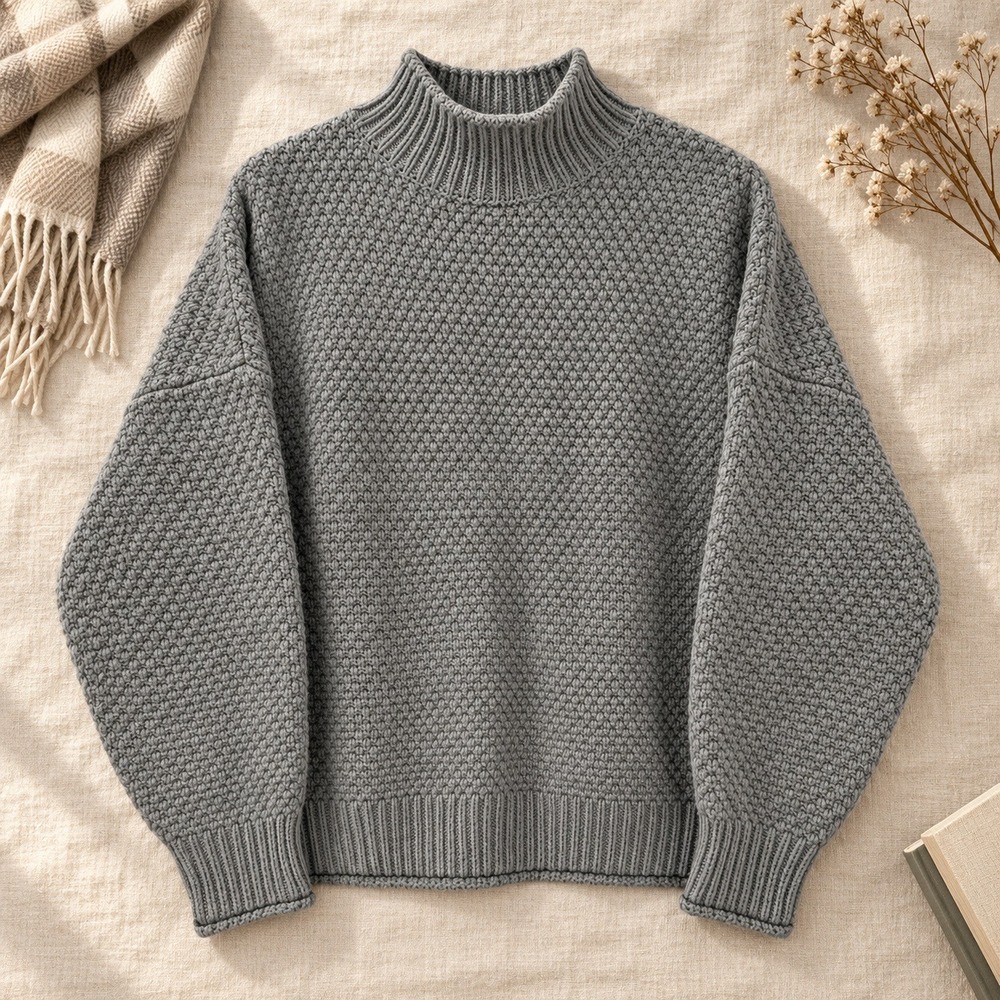 Mock Neck Chunky Knit women's Large Gray sweater Boxy minimalist winter knit